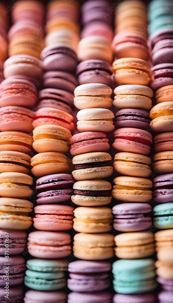 A close-up view of a large assortment of colorful macarons in various pastel shades, including pink, green, and orange, arranged in a visually appealing manner. A close-up view of a large assortment of colorful macarons in various pastel shades, including pink, green, and orange, arranged in a visually appealing manner.