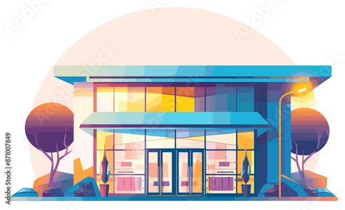 Sleek modern building with a glass facade reflecting sunlight. Vector illustration