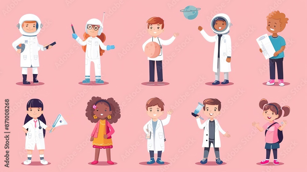 Future careers, with illustrations of children dressed up as their dream career, such as a doctor, astronaut, or scientist Future careers, with illustrations of children dressed up as their dream career, such as a doctor, astronaut, or scientist