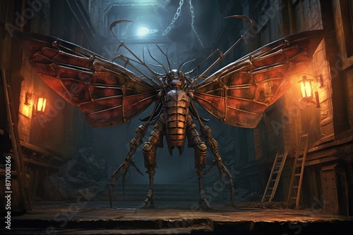 Terrible robot insect with wings in the dark under