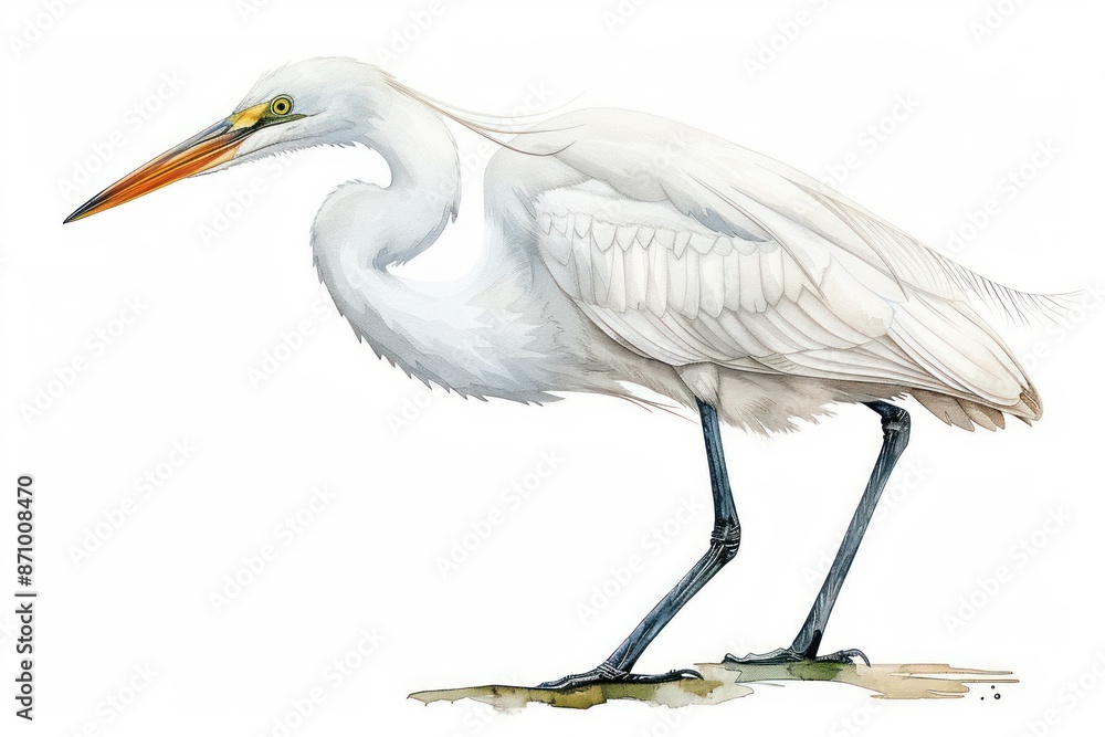 Fototapeta premium Great Egret, bird, Pastel-colored, in hand-drawn style, watercolor, isolated on white background