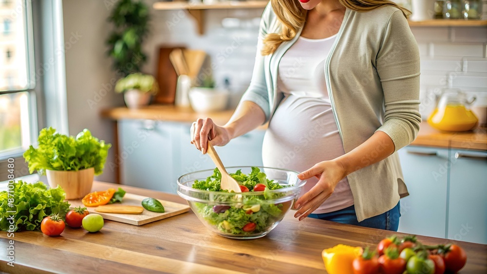 Pregnant Woman Mixing Fresh Green Salad On Kitchen. Closeup. Pregnant Woman Mixing Fresh Green Salad On Kitchen. Closeup.