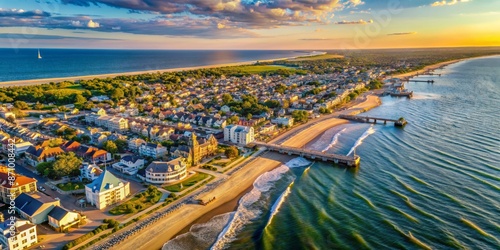 Cape May, New Jersey cityscape and beach aerial view from the Jersey Shore with the ocean in sight
