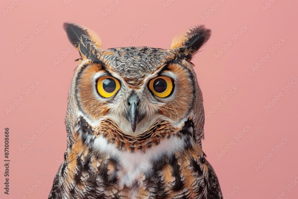 Obraz premium Great Horned Owl, isolated on pastel background, stock photographic style