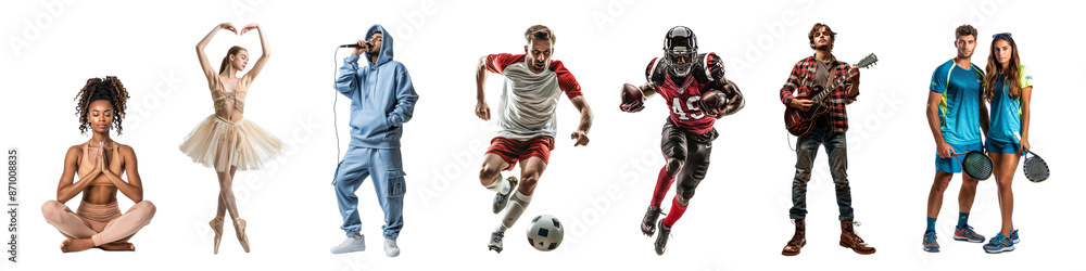 Diverse Athletes and Artists in Various Sports and Performing Arts. Set of Individuals Engaged in Different Hobbies. Transparent Background. Diverse Athletes and Artists in Various Sports and Performing Arts. Set of Individuals Engaged in Different Hobbies. Transparent Background.