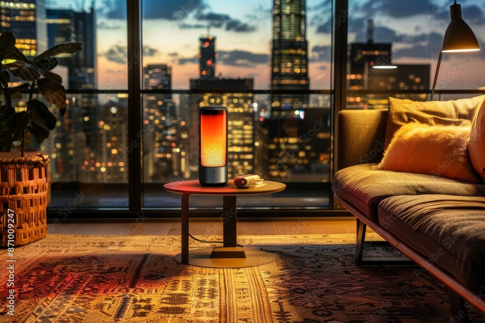 Cozy Modern Apartment with Ceramic Heater and City Skyline View at Dusk for Warm Evening Ambience Cozy Modern Apartment with Ceramic Heater and City Skyline View at Dusk for Warm Evening Ambience