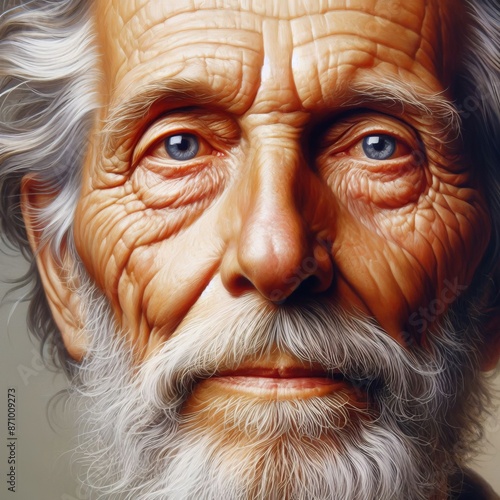 A portrait painting of an elderly man with weathered features an photo