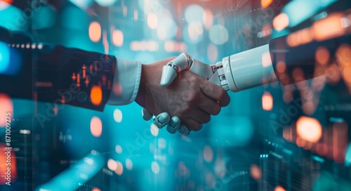 A robot shakes hands with a human by AI generated image