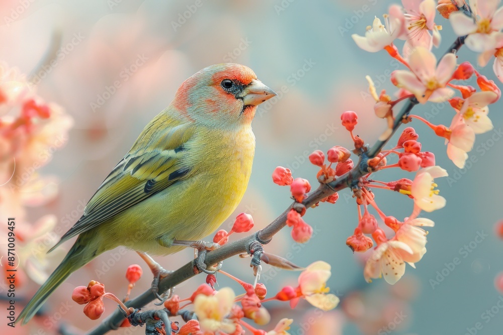 Greenfinch, isolated on pastel background, stock photographic style Greenfinch, isolated on pastel background, stock photographic style