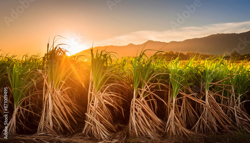 sunset illuminating sugarcane field highlighting long slender leaves stalks warm golden glow photo
