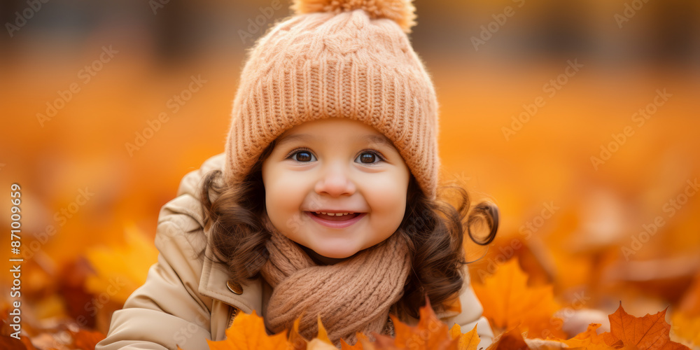 Adorable Child Enjoying Autumn Leaves in Cozy Knit Hat and Scarf During Fall Season Adorable Child Enjoying Autumn Leaves in Cozy Knit Hat and Scarf During Fall Season