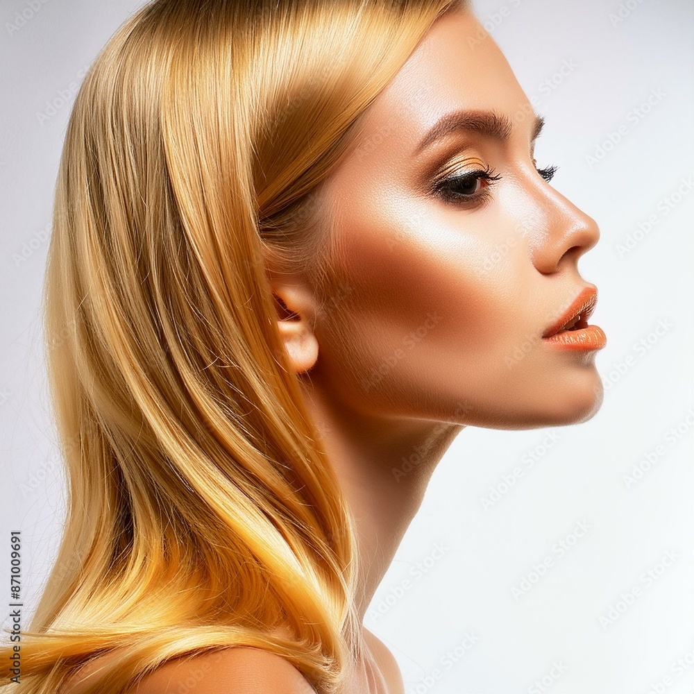 Obraz premium Portret kobiet o złotych blond włosach. Profil, złoty odcień koloru blond