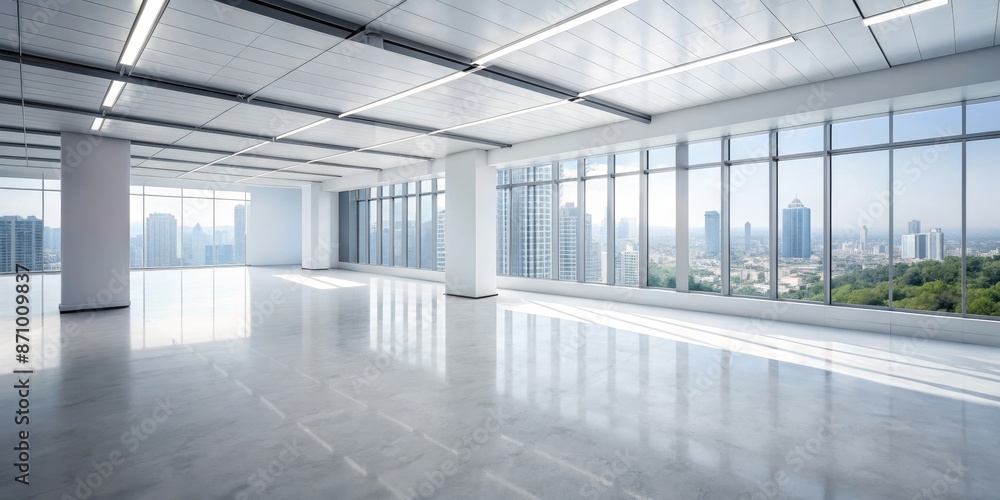 Concrete-floored white room with windows Concrete-floored white room with windows