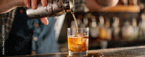 A mixologist carefully pours a meticulously crafted cocktail into a clear iced glass, set in a bar environment, epitomizing precision, artistry, and the essence of cocktails. photo