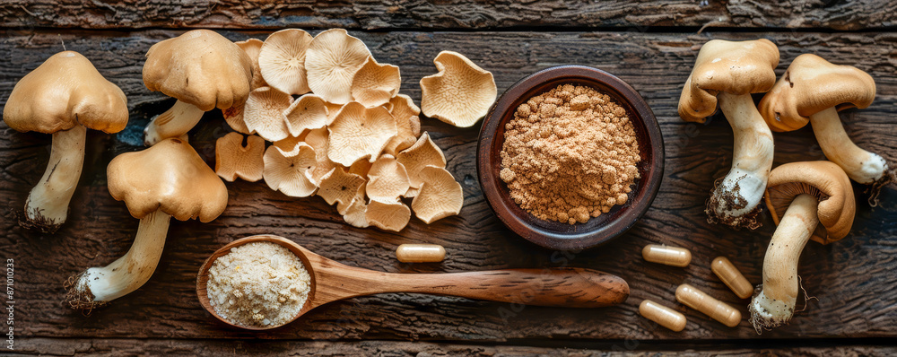 Fresh and Dried Mushrooms with Powder and Capsules on Rustic Wooden Table Fresh and Dried Mushrooms with Powder and Capsules on Rustic Wooden Table
