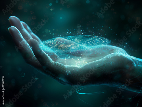 Glowing digital fingerprint in hand, blue holographic effect, technology and security