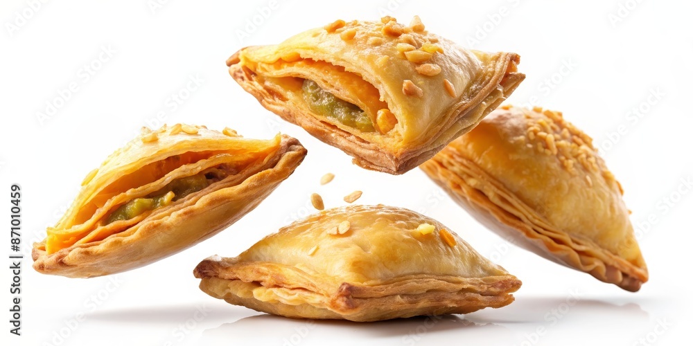 Crispy, flaky curry puff pastry isolated on white, close-up shot, isolated, food photography Crispy, flaky curry puff pastry isolated on white, close-up shot, isolated, food photography