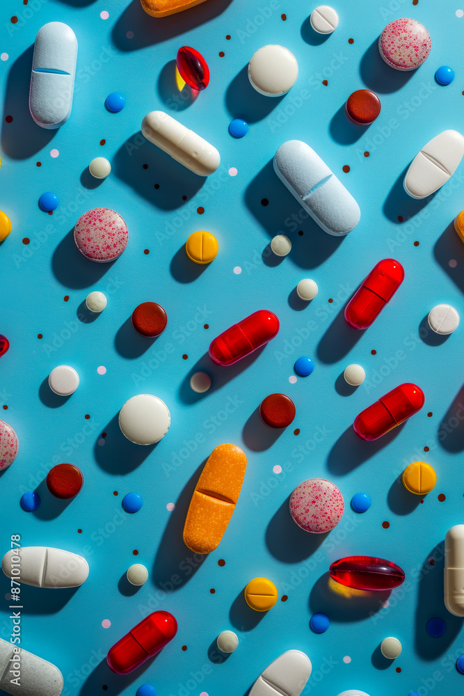 Colorful Array of Prescription and Over the Counter Pills on a Blue Background Colorful Array of Prescription and Over the Counter Pills on a Blue Background
