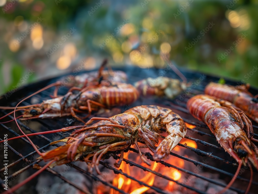 Grilled fresh seafood. Cooking seafood shrimps on a barbecue grill in the backyard, selective focus Grilled fresh seafood. Cooking seafood shrimps on a barbecue grill in the backyard, selective focus