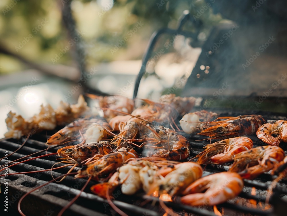 Grilled fresh seafood. Cooking seafood shrimps on a barbecue grill in the backyard, selective focus Grilled fresh seafood. Cooking seafood shrimps on a barbecue grill in the backyard, selective focus
