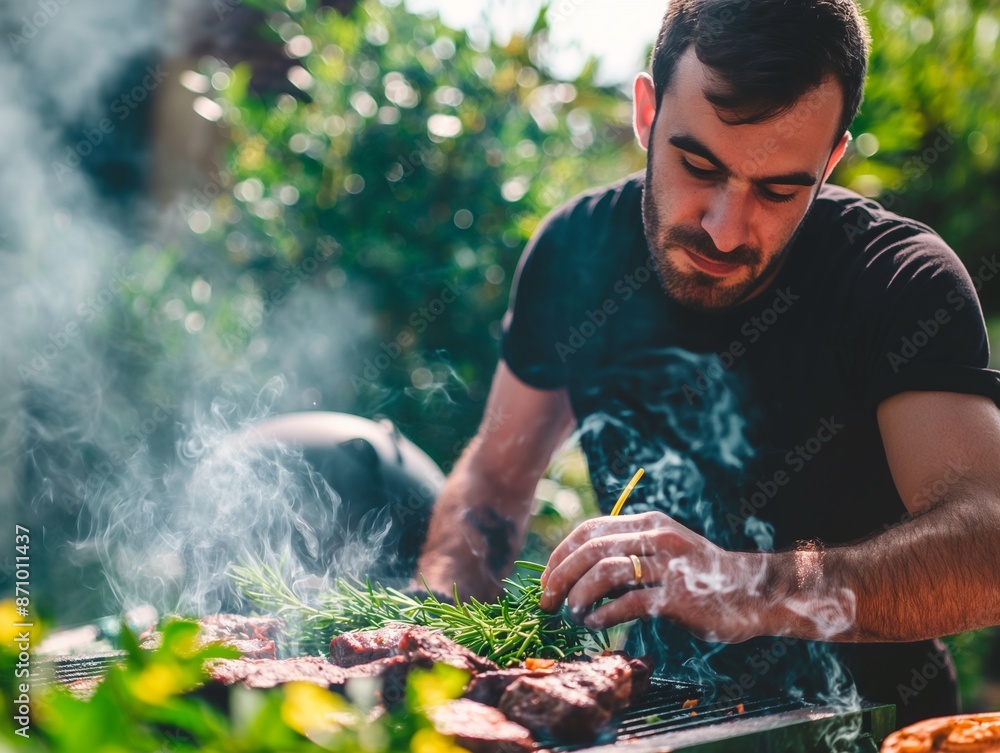 young man grilling some meat, cooking fresh steak with aromatic herbs on a barbecue grill in the backyard young man grilling some meat, cooking fresh steak with aromatic herbs on a barbecue grill in the backyard