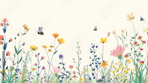 Vibrant wildflowers bloom in a field, with butterflies fluttering above.