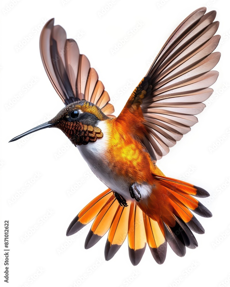 A colorful hummingbird in mid-flight with wings spread wide, isolated on a white background. A colorful hummingbird in mid-flight with wings spread wide, isolated on a white background.