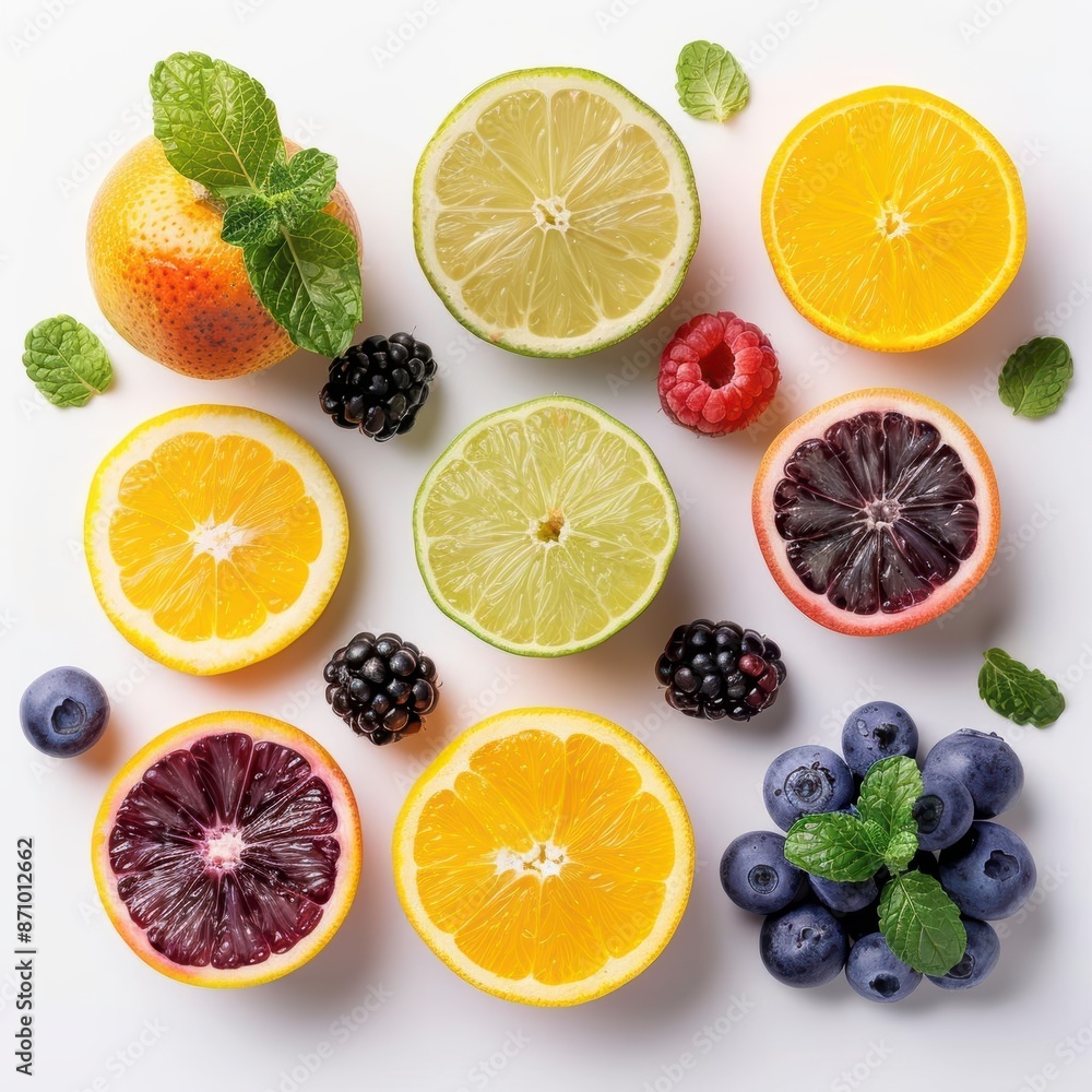 A flat lay of citrus fruits, berries, and mint leaves on a white background A flat lay of citrus fruits, berries, and mint leaves on a white background