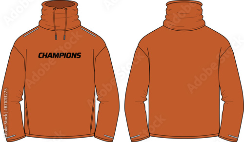 Long sleeve weather jacket sweater design flat sketch Illustration, Fleece jacket front and back view, Anorak winter jacket for Men and women. for training, Running and workout in winter.