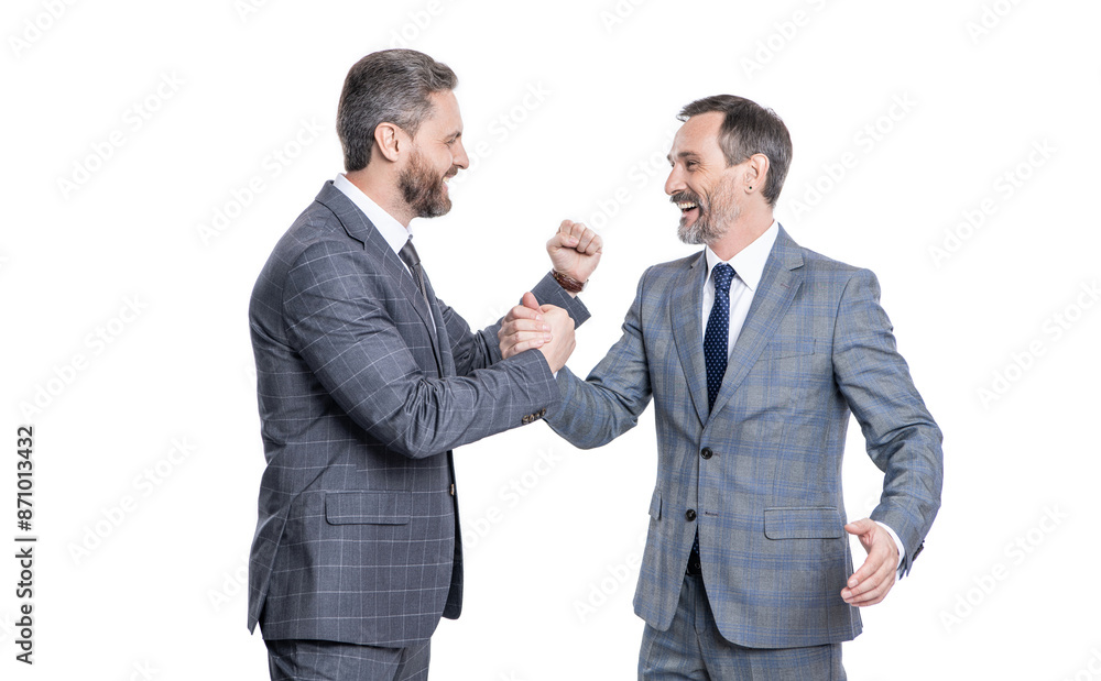 business deal. two businessmen handshaking after contract deal. successful agreement in business deal. businessmen dealing isolated on white. partnership success. true support business deal. two businessmen handshaking after contract deal. successful agreement in business deal. businessmen dealing isolated on white. partnership success. true support