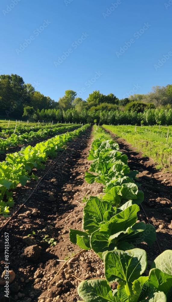 Thriving Organic Vegetable Rows Under Clear Blue Sky - Ideal for Agricultural Design, Posters, or Blogs Thriving Organic Vegetable Rows Under Clear Blue Sky - Ideal for Agricultural Design, Posters, or Blogs