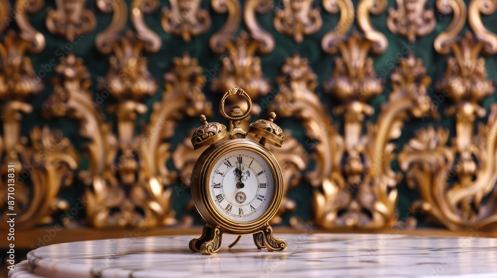 Antique clock on a marble table, elegant and timeless background Antique clock on a marble table, elegant and timeless background
