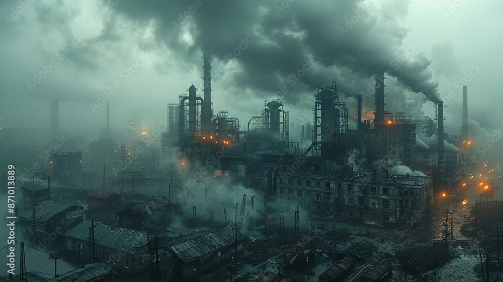 Fototapeta premium Captivating realistic photo of acid rain's corrosive effects on a cityscape, with damaged buildings and infrastructure emphasizing the need for cleaner industrial practices. , Minimalism,