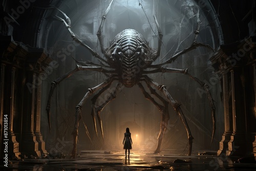 Young woman in front of a huge gate to a dungeon with an arachnid insect monster guard photo