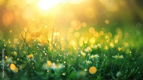 Fototapeta Naklejka Na Ścianę i Meble -  Spring nature background grass sunrise morning's dew green summer abstract sky sun forest light field leaf tree meadow garden landscape plant bright natural foliage fresh colors blur.