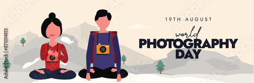 World Photography Day cover banner, post. 19th August Photography day cover banner with two sitting photographers, hanging cameras, mountains view in background. Conceptual banner template design.