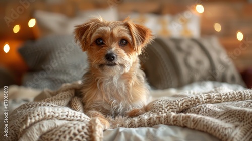 Cute small dog on a cozy knitted blanket in a warm, lit room