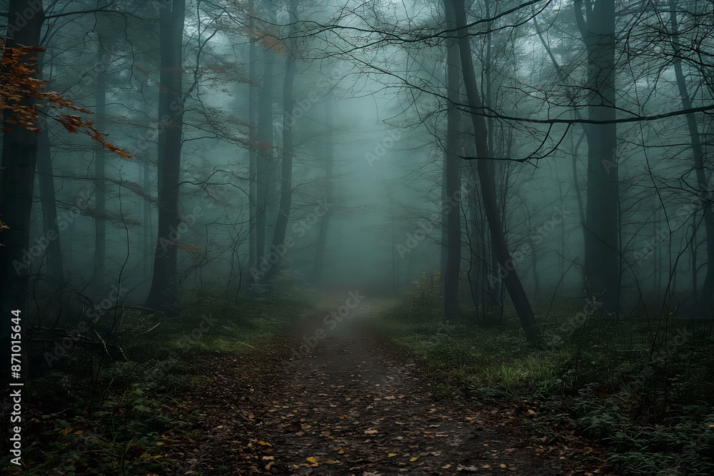 Obraz premium Misty forest trail, atmospheric woods, foggy morning walk