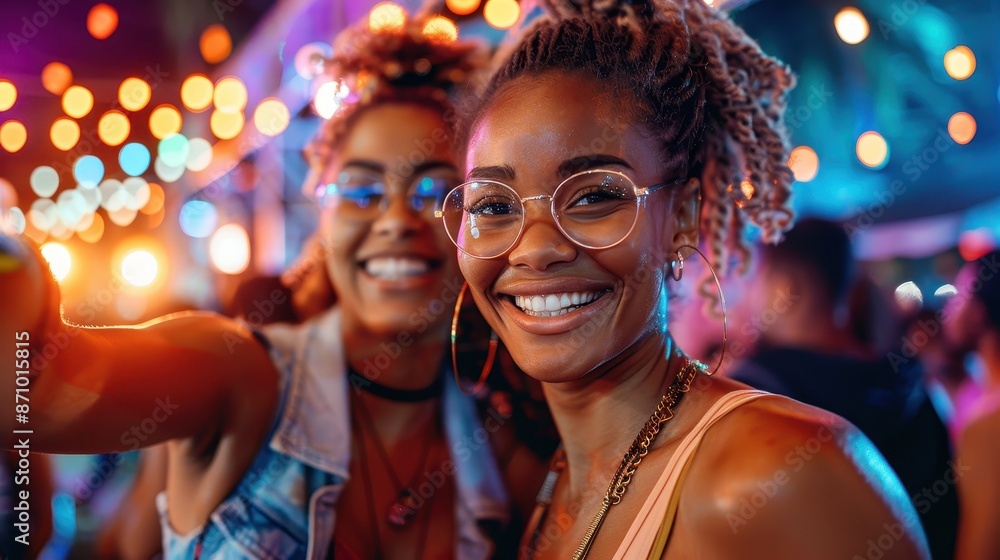 Two friends with happy smiles and vibrant outfits enjoying a lively nighttime event. Their bright expressions and the colorful background create a festive atmosphere. Two friends with happy smiles and vibrant outfits enjoying a lively nighttime event. Their bright expressions and the colorful background create a festive atmosphere.