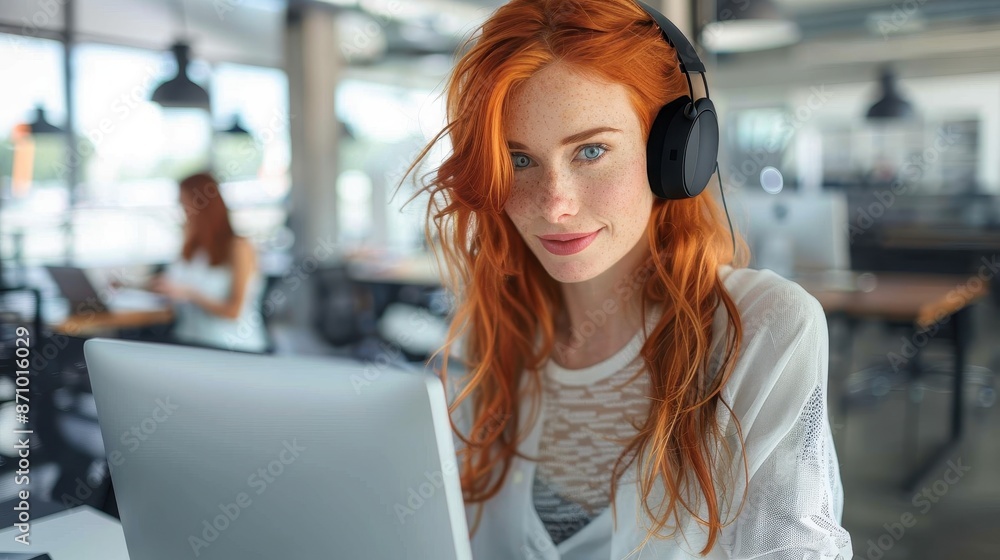 A freelancer with red hair, wearing headphones, works intently on a laptop in a modern, open-plan office space. The scene captures the essence of focused productivity.