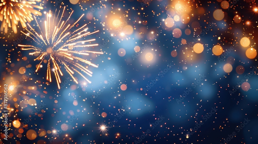 Fototapeta premium A stunning abstract image showcasing golden fireworks against a blue bokeh background, creating a perfect blend of elegance and festivity suitable for diverse artistic purposes.