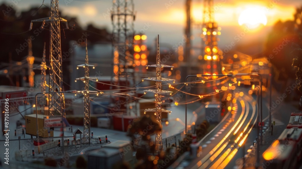 A model city with a train running through it