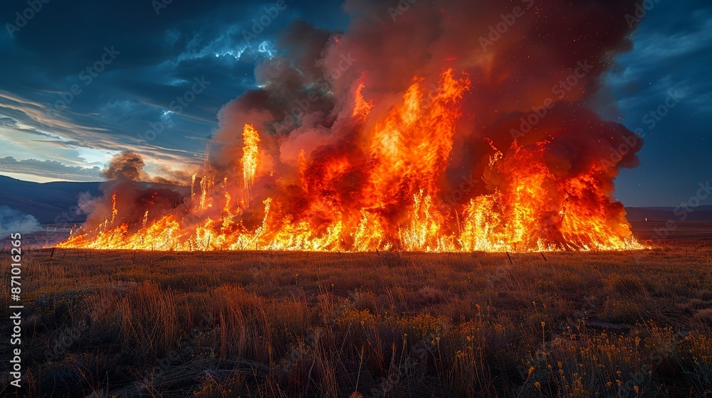 Dynamic realistic photo of an El Nino-induced wildfire, capturing the intense flames and smoke, illustrating the destructive power of this natural phenomenon. , Minimalism, Dynamic realistic photo of an El Nino-induced wildfire, capturing the intense flames and smoke, illustrating the destructive power of this natural phenomenon. , Minimalism,