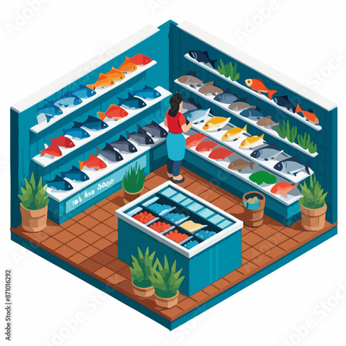 Isometric Fishmonger's with Fresh Seafood Display
