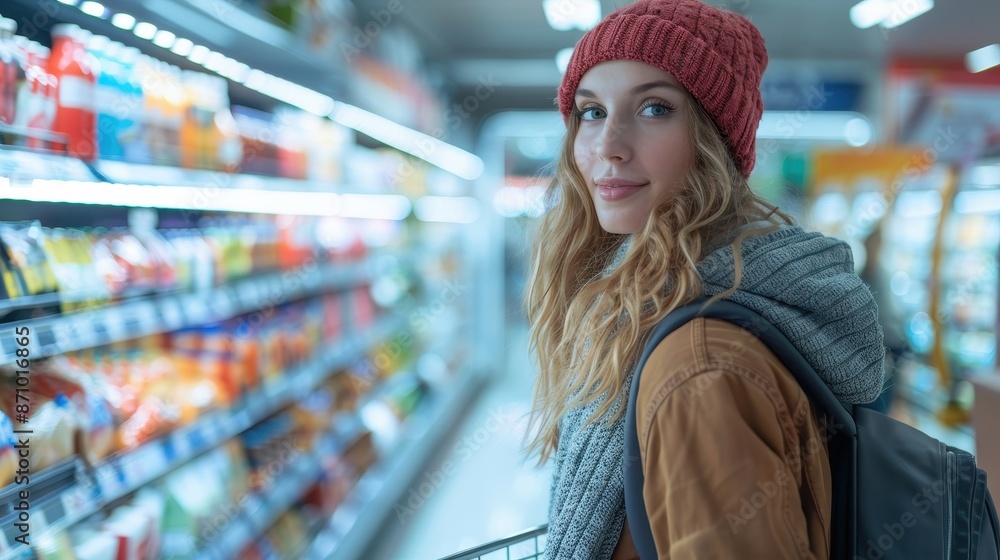 A young woman with a red beanie smiles gently as she shops in a supermarket, pushing a cart down a bright and colorful aisle filled with a wide array of products and goods. A young woman with a red beanie smiles gently as she shops in a supermarket, pushing a cart down a bright and colorful aisle filled with a wide array of products and goods.
