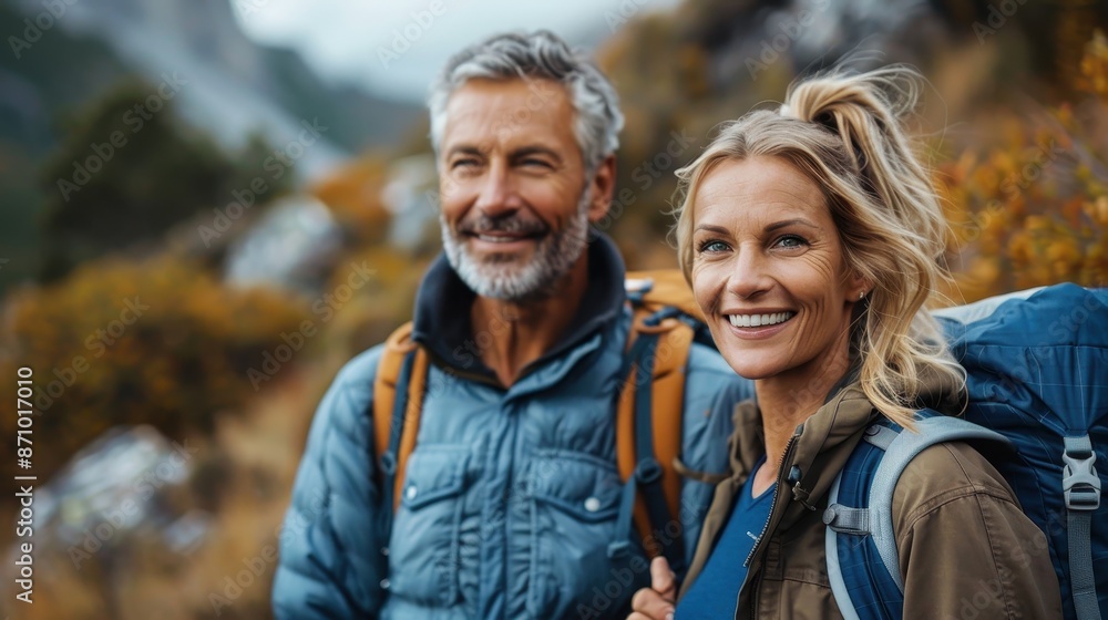 A joyful couple smiles as they enjoy trekking through a mountain landscape, clad in outdoor gear. The picturesque scenery complements their adventurous spirit and happiness. A joyful couple smiles as they enjoy trekking through a mountain landscape, clad in outdoor gear. The picturesque scenery complements their adventurous spirit and happiness.