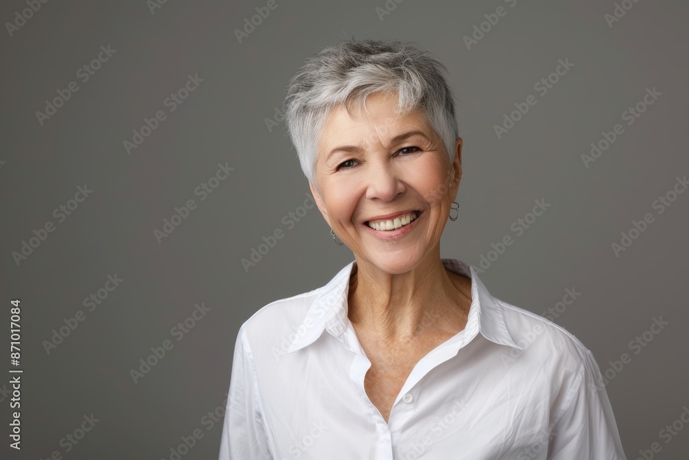 Beautiful senior woman smiling and looking at the camera on a grey isolated background with copy space, wearing a white shirt. mature female gray hair, smooth face. Skincare or salon concept. Beautiful senior woman smiling and looking at the camera on a grey isolated background with copy space, wearing a white shirt. mature female gray hair, smooth face. Skincare or salon concept.