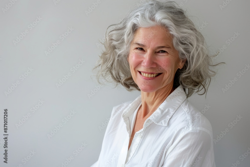 Beautiful senior woman smiling and looking at the camera on a grey isolated background with copy space, wearing a white shirt. mature female gray hair, smooth face. Skincare or salon concept. Beautiful senior woman smiling and looking at the camera on a grey isolated background with copy space, wearing a white shirt. mature female gray hair, smooth face. Skincare or salon concept.