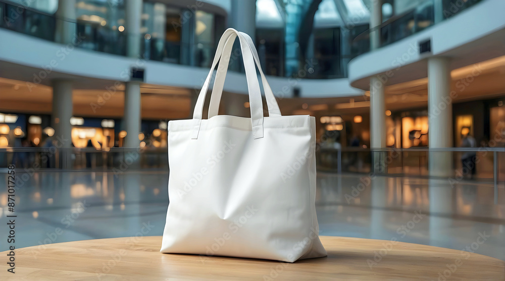 Blank white shopping tote bag mock up on table in shopping mall, template, background, copy space area