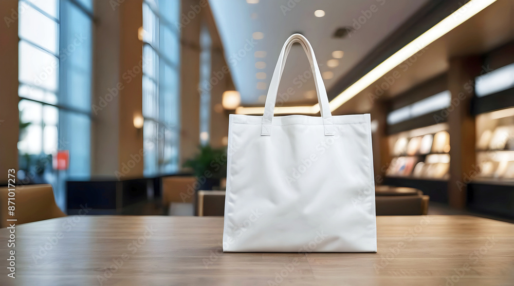 Blank white shopping tote bag mock up on table in shopping mall, template, background, copy space area